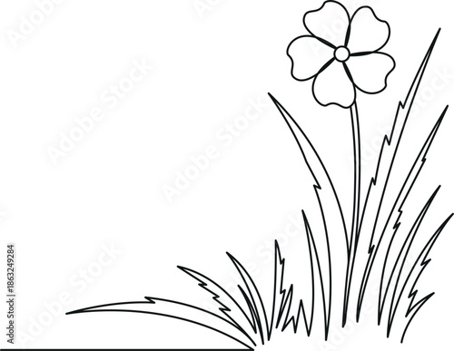 Simple line drawing of a delicate wildflower with grass blades