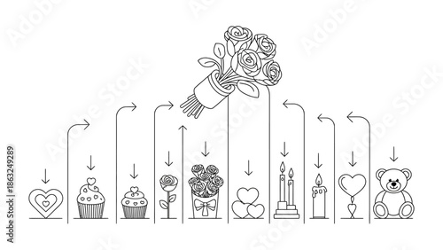 Love's Gift: A symbolic illustration showcasing a bouquet of roses and other gifts. conveys messages of affection and appreciation.