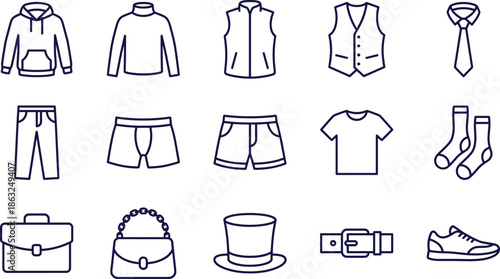 Blue Line Men Fashion Icons Set Featuring Clothing Symbols Like Hoodie Sweater Vest Tie Pants Shorts Socks Briefcase Hat And Shoe