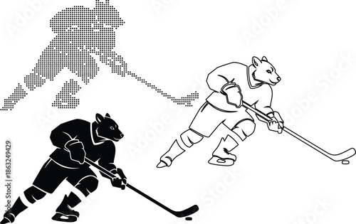 A black silhouette vector illustration of a professional ice hockey player athlete in action during a winter sports competition on snow and ice