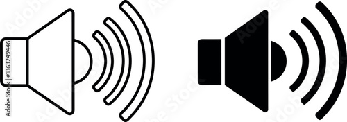 Set of two speaker volume icons with sound waves in outline and solid flat styles for audio control user interface.