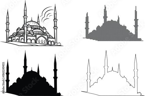 Famous silhouette of the Blue Mosque in Istanbul, Turkey, featuring Ottoman architecture with its iconic dome and minaret towers against the city skyline as a symbol of religion and travel