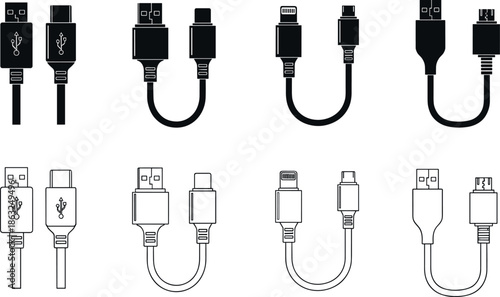Set of USB Cable Vector Icons Featuring Type-C Lightning and Micro USB Connectors for Charging and Data Transfer Technology Equipment