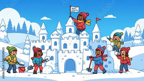 Children building snow castle together on a winter day with snowballs and shovels in a snowy landscape