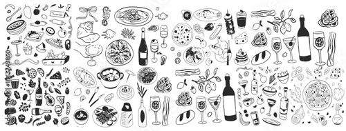 Italian food doodle icons. Pizza, pasta, tomato, lemon, cheese, olive, wine vintage drawing. Line art. Food, seamless pattern. Vector illustration isolated