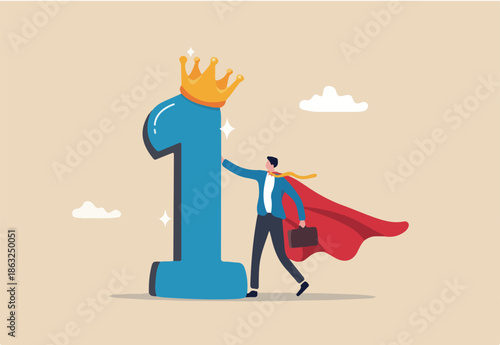 First winner achievement, success or business victory, award winning celebration or best employee of the month, triumph concept, success businessman superhero stand with 1st place award with crown.