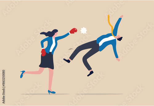 Success businesswoman winning business competition, woman leadership or challenge to overcome or defeat enemy concept, strong confidence businesswoman leader punch a businessman to knockout winning