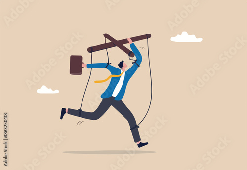 Self control or self discipline, ability to control yourself to stop procrastination, manipulate mindset for motivation to success concept, businessman puppet doll try to take control to improve self.