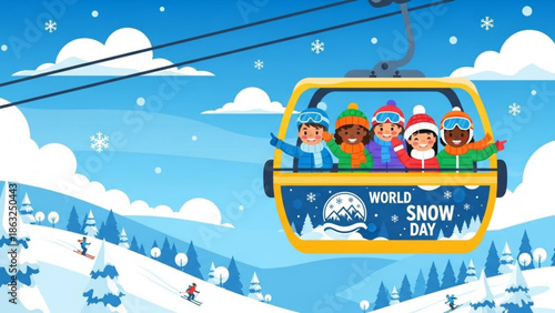 Diverse group of people in a ski lift on world snow day with snowy landscape