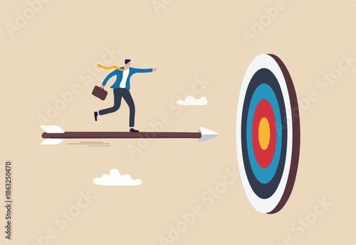 Aiming to hit business goal or target, skill or focus to achieve success, aspiration or performance, purpose or objective concept, confidence businessman on arrow bow aiming to hit target bullseye