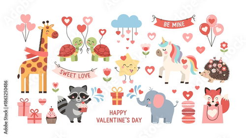 Valentine's Day Elements: Adorable cartoon animal characters and romantic symbols in celebration of love and affection. Each element is bursting with charm and conveying sentiments of love.
