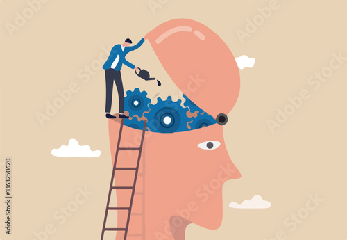Brain maintenance, fixing emotional and mental problem, boost creativity and thinking process or improve motivation concept, man climb up ladder to fix and lubricate gear cogs on his brain head.