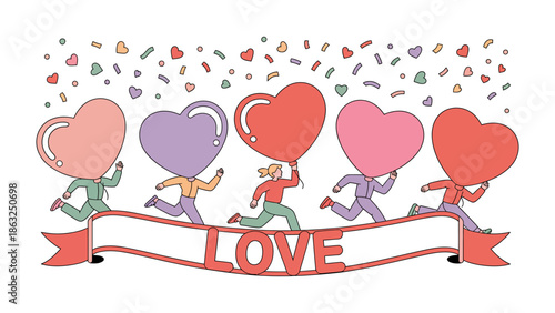 Love is in the Air: An artistic celebration of affection, where figures carry heart-shaped balloons, symbolizing the spirit of love and unity, under a shower of confetti