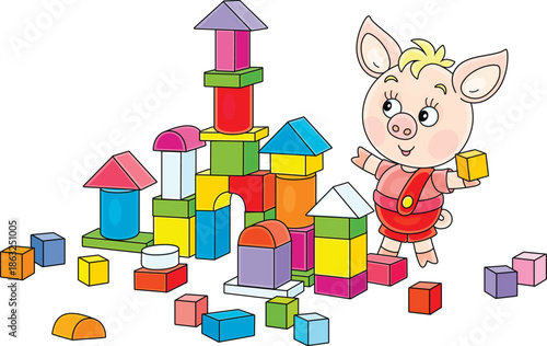 Happy little piglet playing with colorful bricks and building a fancy castle in a playroom, vector cartoon illustration on a white background