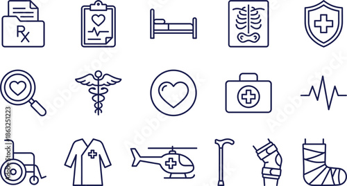 Blue Line Medical Icons Set Featuring Healthcare Symbols Like X-ray Heart Rate Hospital Bed First Aid Kit Wheelchair And Orthopedic Cast