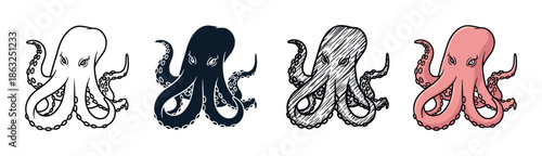 Four octopus illustrations in a graphic set featuring outline, silhouette, hand-drawn sketch, and colored cartoon styles, each depicting a stylized sea creature with tentacles