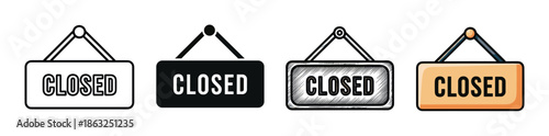 Set of four closed signs presented in various artistic styles, including a simple outline, solid silhouette, hand-drawn sketch, and a flat color cartoon illustration