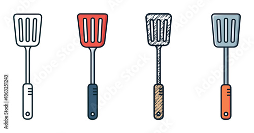 Set of four colorful kitchen spatulas illustrated in a simple line art style, showing different designs and textures for cooking and grilling utensils
