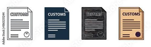 Set of four customs document icons showing different design styles including line art, flat vector, engraved woodcut, and simple color for international trade concepts