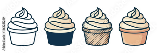 Four soft serve ice cream cup illustrations in a hand-drawn doodle style, showing a collection of icons with line art, color, and sketched texture variations for design