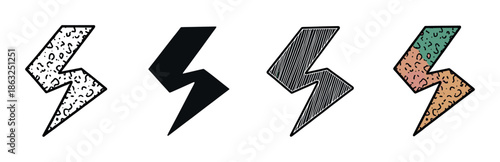 Set of four hand-drawn lightning bolt icons in various doodle styles, including a solid black silhouette, a hatched pattern, and colorful abstract textures