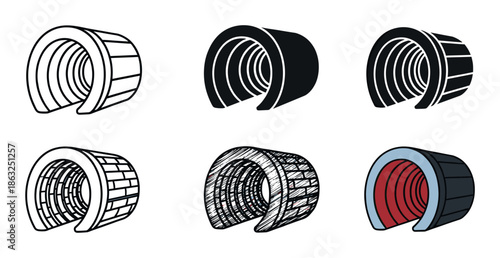 Collection of six tunnel or pipe icons presented in various artistic styles including line art, silhouette, hand-drawn sketch, and full color vector illustration