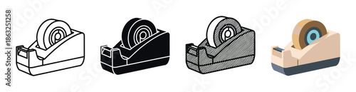 Set of four tape dispenser icons in various graphic styles including outline, silhouette, hatched, and flat color, representing office and school stationery supplies