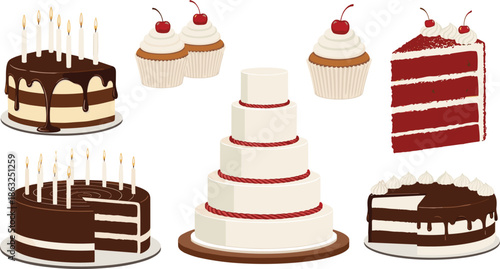 Gourmet dessert vector set featuring chocolate birthday cakes with candles, red velvet cake slices, cherry cupcakes, and a tiered wedding cake.