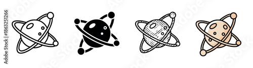 Set of four stylized planet icons with orbital rings and moons, presented in various graphic styles including line art, solid glyph, hand-drawn sketch, and simple color