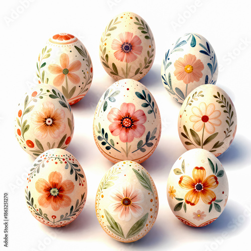A collection of decorative hand-painted eggs featuring colorful floral patterns, arranged on a clean white background