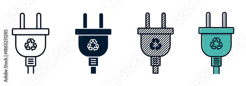 Set of electric plug icons with a recycling symbol representing green energy and sustainability, shown in four different graphic styles including line art and solid color