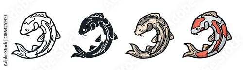 Set of four illustrated koi fish in a traditional Asian art style showing different variations like line art, silhouette, and full color for logos or tattoos