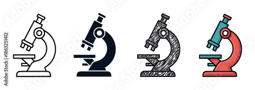Set of four microscope icons showing different design styles including line art, solid glyph, hand-drawn sketch, and a simple colored cartoon illustration for science concepts