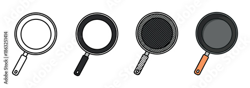 Set of four frying pan illustrations showing different graphic styles including line art, monochrome, grill pan, and a full color version in a clean, top-down view