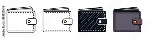 Four wallet icons in different styles showing a simple line art, outline, patterned, and colored version for finance and payment concepts in a flat vector illustration style