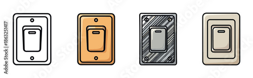 Four different light switch icon illustrations in a hand-drawn cartoon style, showing line art, colored, and textured variations of an electrical wall toggle in the off position