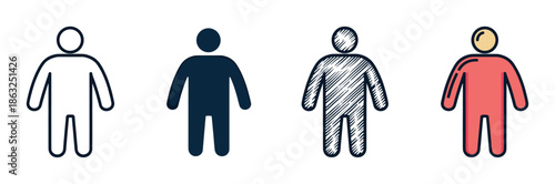 Set of four human figure icons in different graphic styles including outline, solid silhouette, hand-drawn sketch, and simple color fill for user interface or infographic design