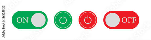Power on off toggle switch Icon set. Power button icons in green and red, UI controls for system settings, mobile apps, SaaS dashboards, user preferences and interface power management