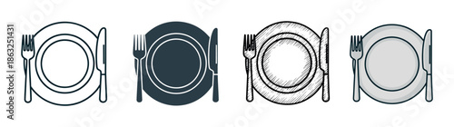Four place setting icons with plates, forks, and knives presented in a variety of graphic styles including line art, silhouette, hand-drawn sketch, and flat design