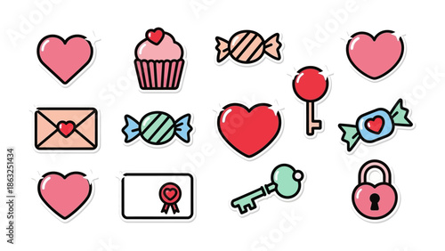 Love Symbols: Adorable icons of love and affection. Featuring hearts, sweets, a key, and an envelope, they're perfect for expressing sentiments. 