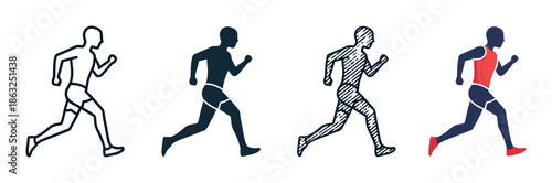 Set of four running man icons in different graphic styles including outline, solid silhouette, hatched sketch, and flat color for sports and fitness concepts