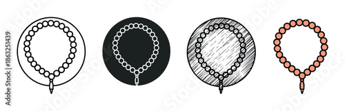 Four icons of Islamic prayer beads presented in a collection of artistic styles like simple line art, solid glyph, sketched doodle, and a filled color illustration