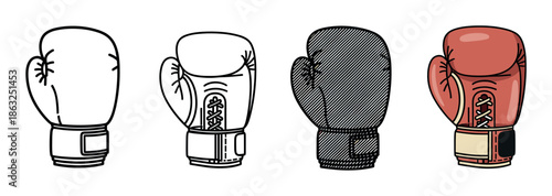 Set of four boxing glove illustrations showing different styles, from a simple outline and detailed line art to a textured black version and a full color cartoon drawing