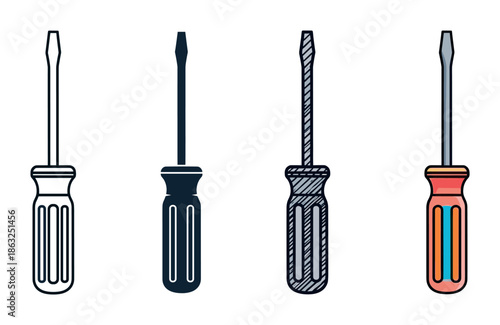 Four flathead screwdriver icons in different styles including outline, silhouette, sketch, and color for graphic design and user interface elements