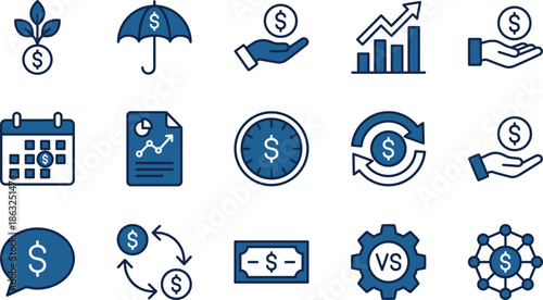 Business, Finance and Investment Icon Set with Growth, Insurance, Savings, Analytics, Strategy, Banking, Currency Exchange, and Global Financial Management Graphics