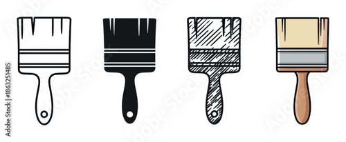 Set of four paint brushes illustrated in different artistic styles including a simple outline, solid silhouette, hand-drawn sketch, and a full color cartoon design