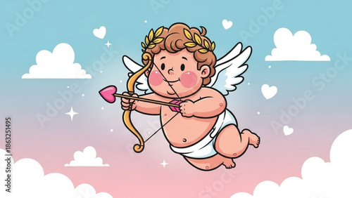 Cupid Flying with Bow and Arrow on Valentines Day against Cloudy Sky