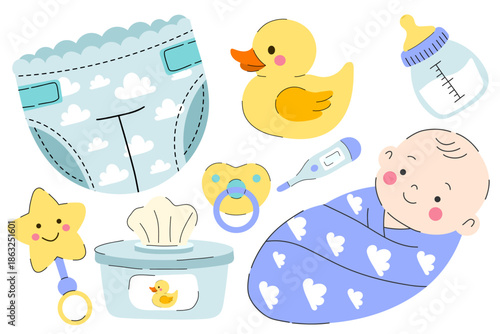 Cute baby care set  - newborn essentials such as diaper, baby bottle, pacifier, thermometer, wet wipes, rubber duck, star rattle and swaddled baby. Soft pastel colors Perfect for parenting concepts.