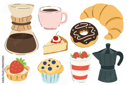Appetizing Coffee and pastry set with pour over coffee maker, croissant and desserts. Bakery elements: chocolate donut, blueberry muffin, cheesecake and moka pot. Cute cafe icons for menu design.