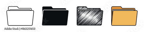 Set of four file folder icons showing different graphic design styles including outline, silhouette, hand-drawn sketch, and classic flat color for digital or print use